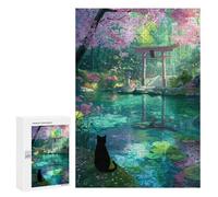 300 PCS Rompecabezas para Adultos Black Cat at Shrine Cherry Blossom Pond Rompecabezas para Adultos Juego De Ingenio Pero Divertido Y Humorístico Actividades Divertidas En Casa, 300 PCS