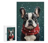 300 PCS Rompecabezas para Adultos Boston Terrier in Christmas Outfit Festive Dog Wall Art Rompecabezas para Adultos Juegos De Relajación Regalos para Mujeres Regalos De Cumpleaños 30