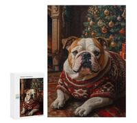 300 PCS Rompecabezas para Adultos Bulldog Christmas Portrait English Bulldog in Sweater Rompecabezas para Adultos Juegos Relajantes Corte De Precisión Cumpleaños Y Navidad 300 PCS