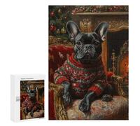 300 PCS Rompecabezas para Adultos Christmas Bulldog in Sweater by Fireplace French Bulldog in Sweater Rompecabezas para Adultos Juguete Decoración De Pared Decoración del Hogar 30
