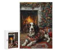 300 PCS Rompecabezas para Adultos English Springer Spaniel by Fireplace Dog in Sweater Christmas Art Rompecabezas para Adultos Juegos Divertidos Alivia El Estrés Desafiante De Completar 300 PCS