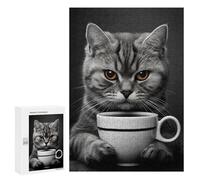 300 PCS Rompecabezas para Adultos Grey Cat with A Coffee Cup Rompecabezas para Adultos Juegos Relajantes Corte De Precisión Cumpleaños Y Navidad 300 PCS