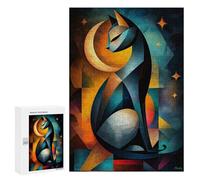300 PCS Rompecabezas para Adultos Modern Cubism Cat and Moon - Abstract Geometric Feline Art Rompecabezas para Adultos Juegos Familiares Regalos para Mujeres Interacción Entre Padres E Hijos 300 PCS