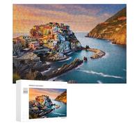 300 PCS Rompecabezas para Adultos Rompecabezas Colorful Coastal Village at Sunset -5 Rompecabezas Juegos Relajantes Una Obra De Arte Cumpleaños 300 PCS
