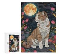 300 PCS Rompecabezas para Adultos Scottish Fold Cat Under The Moon Rompecabezas para Adultos Juego De Ingenio Pero Divertido Y Humorístico Actividades Divertidas En Casa, 300 PCS