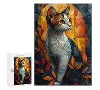 300 PCS Rompecabezas para Adultos Stained Glass Cat with Autumn Glow Rompecabezas para Adultos Juego De Ingenio Pero Divertido Y Humorístico Actividades Divertidas En Casa, 300 PCS