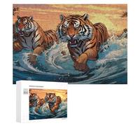 300 PCS Rompecabezas para Adultos Two Tigers Running in Water at Sunset Rompecabezas para Adultos Juegos De Relajación Regalo De Cumpleaños Cumpleaños Y Navidad 300 PCS
