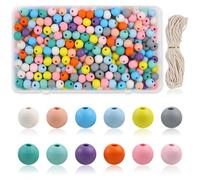 300 perlas de madera para enhebrar, 10 mm, cuentas de madera coloridas con agujero, bolas de madera grandes, pastel, cuentas de madera con cinta encerada, 12 colores, cuentas de madera para
