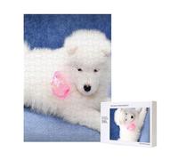 300 Piezas de Rompecabezas de Madera de Cachorro Samoyedo Blanco con Lazo para Adultos. Incluye Caja de Embalaje.
