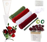 300 Piezas Flores Pipe Cleaner Set, Limpiapipas Flores Manualidades Tallos de Chenilla, Limpia Pipas con Cinta Verde para Flores, Decoración de Rosas para el Día de San Valentín, Rojo