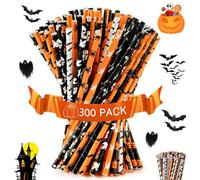 300 Piezas Halloween Pajitas de Papel, Pajitas Grado Alimenticio Celebraciones Fiestas, Pajitas de Papel con Diseño de Calavera, Fantasma, Calabaza, Murciélagos y Araña para Fiesta de Halloween