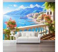 300 x 210 cm Fotomurales No Tejido Pintura Paisaje Mar Montañas Edificios, Azul Marrón Papel Pintado Decoración de Pared, Murales póster efecto 3D Decorativos Murales para Dormitorio Infantil Salón