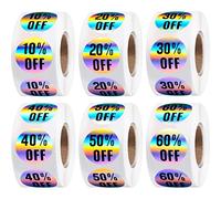 3000 Pegatinas de Descuento Etiquetas de Pegatinas Adhesivas de 10 a 60 por Ciento de Descuento, Pegatinas Circulares para Marcadores de Precios de 7/8 Pulgadas, 6 Rollos (Estilo Brillante)