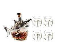 300ML Decantador Whisky Arte Escultura - Escultura De Decantador De Whisky Con Forma De Tiburón 3D, Botella De Vino De Vidrio A Prueba De Fugas Con Temática De Tiburón, Regalo(Shark+4 cups)