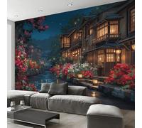 300x210cm Papel pintado mural Amarillo Azul Arte Papel tapiz Fotomural Estética del anime El río atraviesa la ciudad., Moderna Decoración Seda Decoración De Pared Sala Cuarto