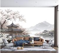 300x210cm Papel pintado mural Rosa grisáceo Arte Papel tapiz Fotomural Arquitectura china Pabellón para barcos con árbol de cerezo en flor, Moderna Decoración Seda Decoración De Pared Sala Cuarto