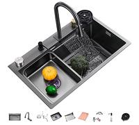 304 Fregadero De Cocina De Acero Inoxidable Fregadero De Barra De Cascada Multipropósito Fregadero para Caravanas con Grifo Extraíble Y Componentes De Drenaje (Color : Black-b, S : 75x45x22cm)