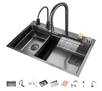 304 Fregadero De Cocina De Acero Inoxidable Fregadero De Barra De Cascada Multipropósito Fregadero Para Caravanas Con Grifo Extraíble Y Componentes De Drenaje (Color : Black-a, S : 75x45x22cm)