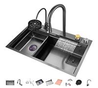 304 Fregadero De Cocina De Acero Inoxidable Fregadero De Barra De Cascada Multipropósito Fregadero para Caravanas con Grifo Extraíble Y Componentes De Drenaje (Color : Black-c, S : 68x45x22cm)