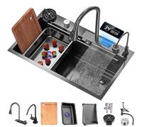 304 Fregadero De Cocina Tipo Cascada De Acero Inoxidable Con Grifo Digital Fregadero De Barra Multifuncional Con Cesta De Drenaje Lavabo De Drenaje Tabla De Cortar ( Color : negro , S : 68x45x22cm )