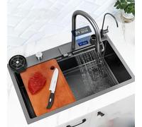 304 Stainless Steel Single Sink with Pull-out Tap Intelligent Waterfall Design Vegetable Basin Chopping Board & Cup Washer - Black-Grey 75x46cm