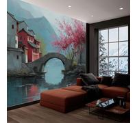 308 x 220 cm Fotomurales no Tejido Azul Grisáceo, Arquitectura China Puente Arco Flores Papel Pintado Decoración de Pared moderna, Murales póster efecto 3D, Decorativos Murales para Dormitorio Salón