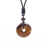 30mm Circle Donut Natural Crystal Quartz Necklace Round Pendant Adjustable Rope,Tiger Eye Stone