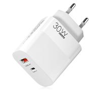 30W Cargador USB C para Samsung 2 Puerto PD&QC3.0 Tipo C Carga Rapida Cargador para Samsung S25/S24/S23/S22/S21/iPhone 16/15/14/13/12/11pro MAX/Plus/Mini/Se/I Pad/AirPods/Redmi/Note 20/10/9/8, Blanco