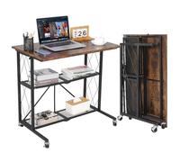 31.5" Collapsible Computer Desk with Wheels - 3-Tier No-Assembly Rolling Metal Shelf - Large Freestanding Storage Workstation - Space-Saving Brown