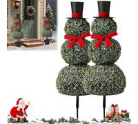 31.5 Inch Artificial Snowman Shaped with Red Bow Santa Hat, Christmas Snowman Topiary Tree Outdoor, Boxwood Topiaries for Indoor Home Porch Yard Holiday Decor