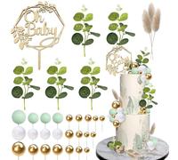 31 bolas de madera Oh Baby Cake Topper para pasteles, bolas para decoración de pasteles, decoraciones de baby shower con hojas artificiales para baby shower, fiesta de cumpleaños recién nacido, decoración de revelación de género, suministros para fiestas de pasteles