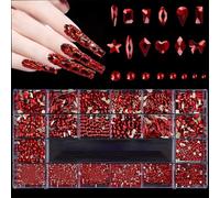 3100Pcs Kit de Diamantes de Imitación para Decoración de Uñas, HOINCO AB Diamantes De Imitación De Cristal Del Arte Del Clavo y Crista Pedrería para Uñas Negro con Pinzas y Bolígrafos de Puntos(Rojo)