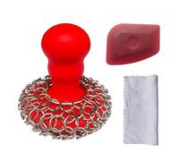 316 - Estropajo de malla mejorado con mango de silicona, limpiador de hierro fundido para parrilla de hierro fundido, sartén, wok, utensilios para hornear, ergonómico para sostener, fácil de usar, apto para lavavajillas, estropajo, raspador + toalla (rojo)