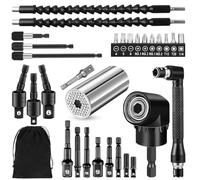 31PCS Juego de Extensión de Broca, con Extensión de Taladro Flexible de 11.8", Accesorio de Taladro de Ángulo Recto de 105°, 1/4", 3/8", 1/2" Adaptadores de Enchufe Universal y 3 Soportes de Brocas