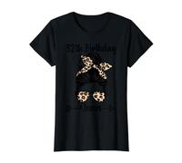 32 cumpleaños Queen Happy 32 Years Old Messy Bun Leopard Camiseta gráfica económica, Mujer, Negro, XL