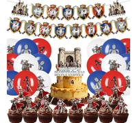 32 decoraciones medievales de globos para cumpleaños infantiles con temática de caballeros griegos antiguos, pancartas de «Feliz cumpleaños»,tartas DIY para fiestas de cumpleaños.