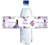 32 etiquetas moradas para botellas de agua con texto en inglés "Happy 16th Birthday", envoltorios de botellas de princesa dieciséis para niñas, calcomanías florales para botellas de cumpleaños 16