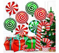 32 globos de Navidad, globos de papel de aluminio de bastón de caramelo de Navidad con cintas, globo de Mylar rojo y verde para decoraciones de fiesta