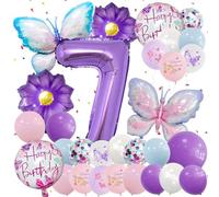 32 globos decorativos de mariposa, decoración de cumpleaños para niñas de 7 años, color lila, mariposa, globos de cumpleaños para niñas, 7 años, decoración de cumpleaños, globos para niños