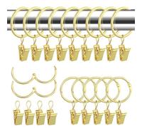 32 Piezas Anillos de Cortina de metal con Clips, inoxidables Argollas para Cortinas Clips de Cortina Anillos, Metal Cortina Anillo con Gancho Ventana Anillos para Cortinas, Diámetro 32 mm (Oro)
