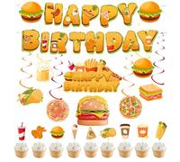 32 piezas de decoración de fiesta de comida rápida, papas fritas, pizza, hamburguesa, pollo frito, perrito caliente, suministros de fiesta, pancarta de cumpleaños, globos patatas fritas,