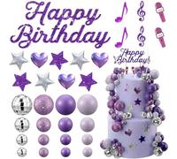 32 piezas Decoraciones para pasteles estilo Ins Bola de discoteca púrpura Adorno para pastel Nota musical Micrófono Estrella Corazón Decoración con brillo para fiesta temática de cumpleaños