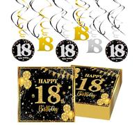 32 unidades para decoración de 18 cumpleaños, 20 servilletas de feliz cumpleaños, color negro y dorado, 12 decoraciones colgantes con espirales, remolinos colgantes, 18 decoraciones de cumpleaños para