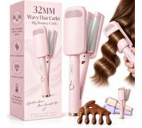 32MM Wavy Hair Curler - Big Bouncy Curls & 4 Adjustable Heat Setting，Pink | Deep U-shaped French Wave Curling Iron, Heats up in 10 Seconds & Automatic Shut off, for Any Hairstyle Hair Type