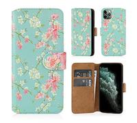 32nd Floral Series 2.0 - Funda Tipo Libro de Piel Sintetica con diseño Floral para Apple iPhone 11 Pro MAX (6.5"), Carcasa de Cuero diseñada con Cartera y Cierre Magnetico - Primavera Azul