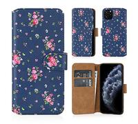 32nd Floral Series 2.0 - Funda Tipo Libro de Piel Sintetica con diseño Floral para Apple iPhone 11 Pro (5.8"), Carcasa de Cuero diseñada con Cartera y Cierre Magnetico - Rosas Vintage en Añil
