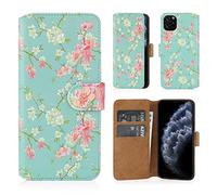 32nd Floral Series 2.0 - Funda Tipo Libro de Piel Sintetica con diseño Floral para Apple iPhone 11 Pro (5.8"), Carcasa de Cuero diseñada con Cartera y Cierre Magnetico - Primavera Azul