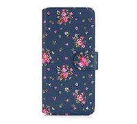 32nd Floral Series 2.0 - Funda Tipo Libro de Piel Sintetica con diseño Floral para Motorola Moto E6 Play, Carcasa de Cuero diseñada con Cartera y Cierre Magnetico - Rosas Vintage en Añil