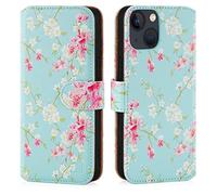 32nd Floral Series 3.0 - Funda Tipo Libro de Piel Sintetica con diseño Floral para Apple iPhone 14 Plus (6.7"), Carcasa de Cuero diseñada con Cartera y Cierre Magnetico - Primavera Azul