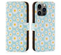 32nd Floral Series 3.0 - Funda Tipo Libro de Piel Sintetica con diseño Floral para Apple iPhone 14 Pro (6.1"), Carcasa de Cuero diseñada con Cartera y Cierre Magnetico - Margarita Azul